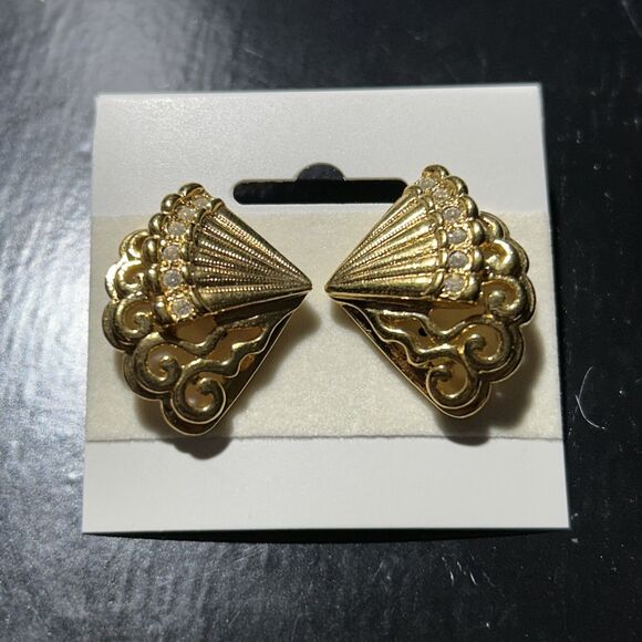 Vintage 1" Avon Gold Tone Clear Rhinestones Fan Pierced Post Earrings - Picture 1 of 5